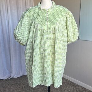 Green Gingham Embroidered Babydoll Peasant Top Puff Sleeve Cotton Blouse XL